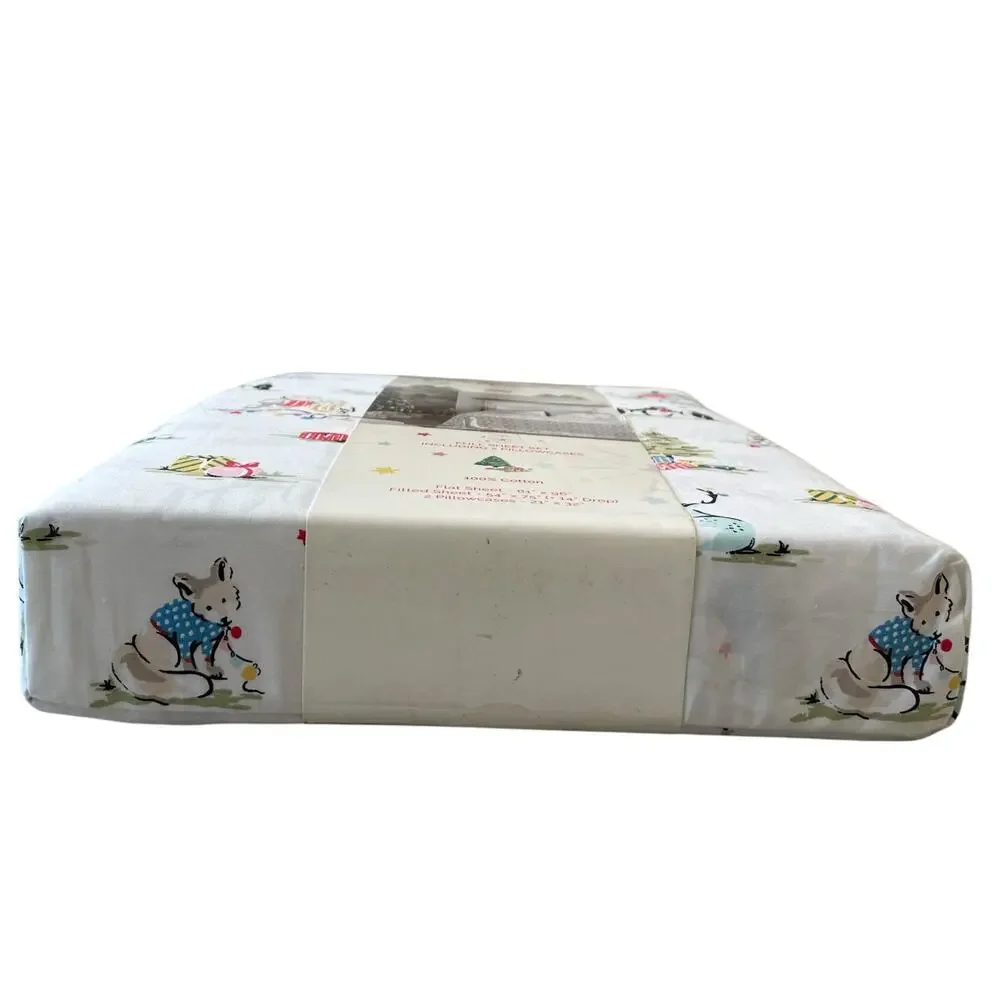 Cath Kidston London 4pc FULL Sheet Set Christmas Animals Cream Cotton NEW